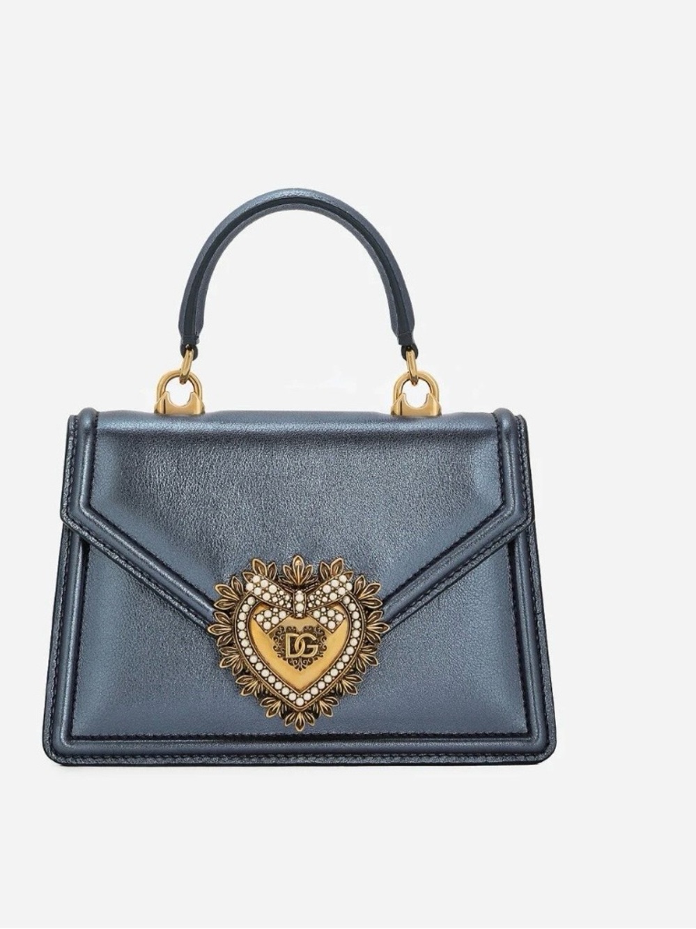 Dolce & Gabbana Metallic Navy Blue Mini Top-Handle Bag with Gold Heart Medallion